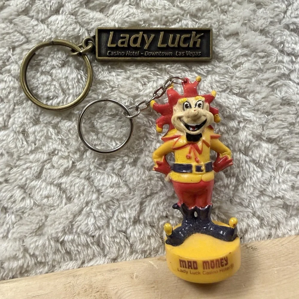 Vintage Las Vegas Lady‎ Luck Casino Mad Money Clown Keychain Fob Souvenir Nevada